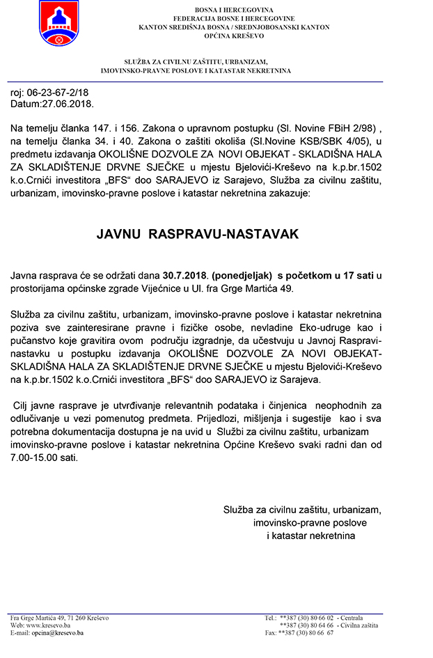 Javna rasprava - nastavak - okolišna dozvola za skladišnu halu poduzeća "BFS" u Bjelovićima