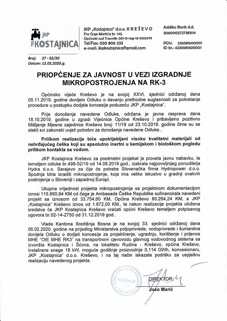 Priopćenje za javnost JKP Kostajnica Kreševo