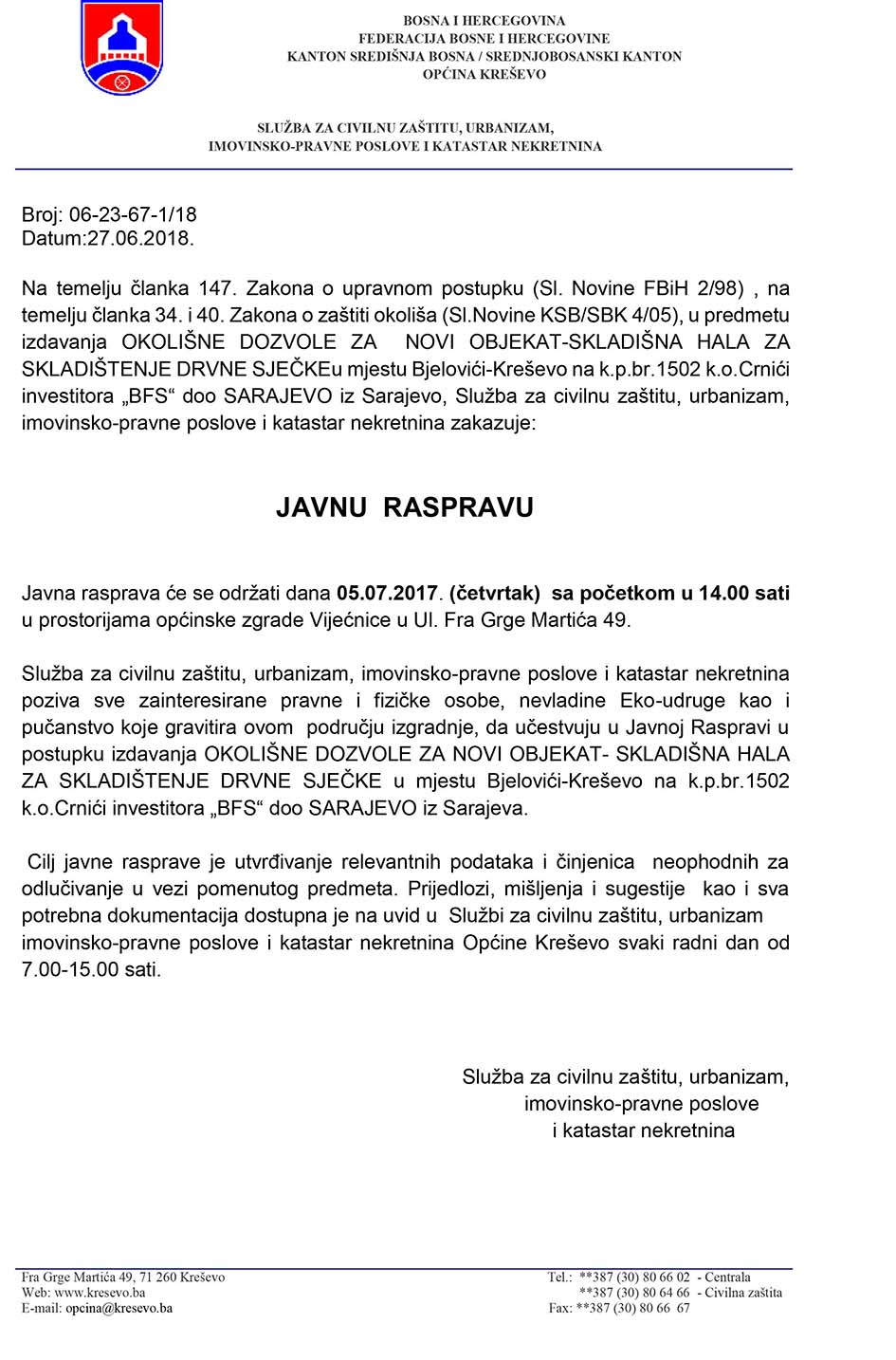 Javna rasprava - "BFS" d.o.o. Sarajevo, skladištenje drvne sječke u Bjelovićima
