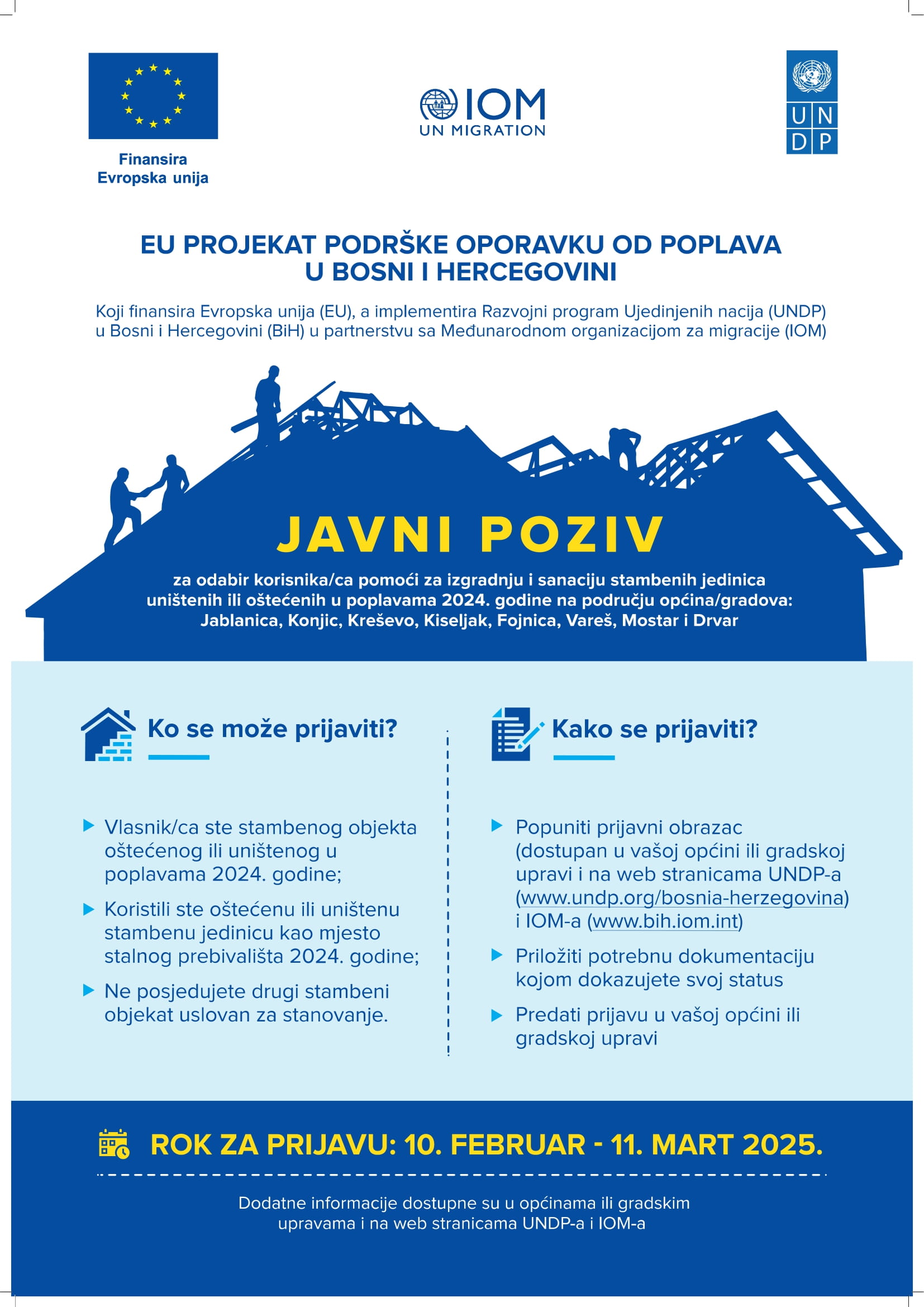 EU Projekt podrške oporavku od poplava u Bosni i Hercegovini: Javni poziv za sanaciju šteta nastalih od poplava